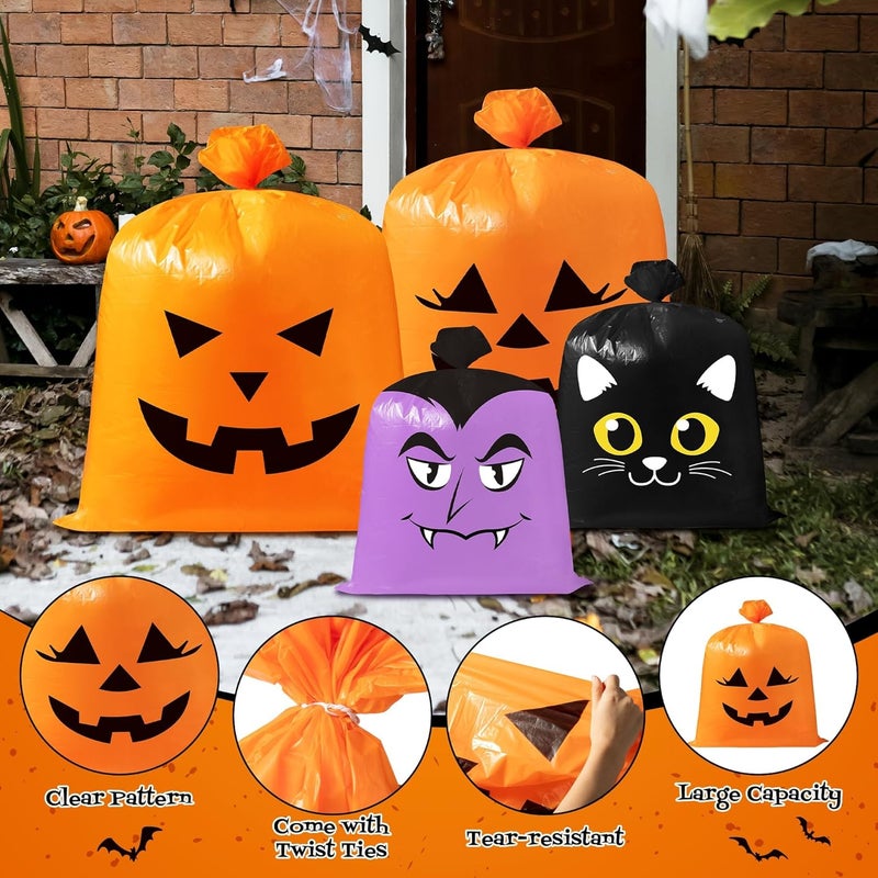 CNhoqc Halloween Lawn Leaf Bags - 16Pcs Halloween Theme Pumpkin Black Cat Ghost Mummy Patterns Waste Bags with Twist Ties, Large Grass Plastic Trash Container for Garden Outdoor Halloween Decorations - Image 4